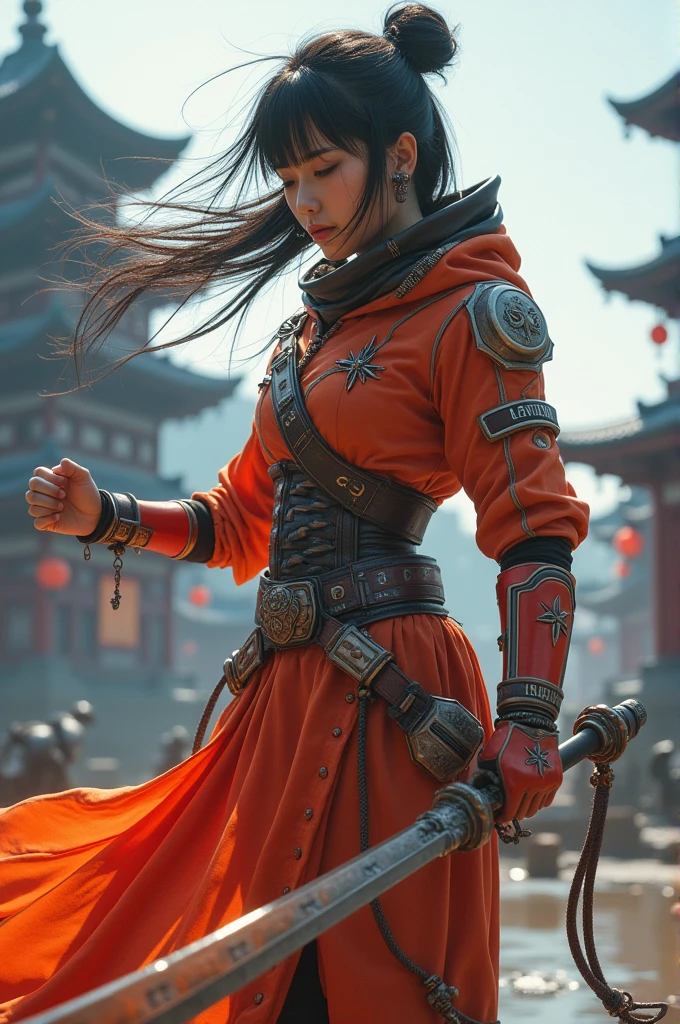 Highest quality 8K Japanese Beautiful Girl Fantastic World Futuristic costume Fantastic Background Long shot whole body Fantastic Building Fighting stance Sweat gushing forth Fight the enemy monster