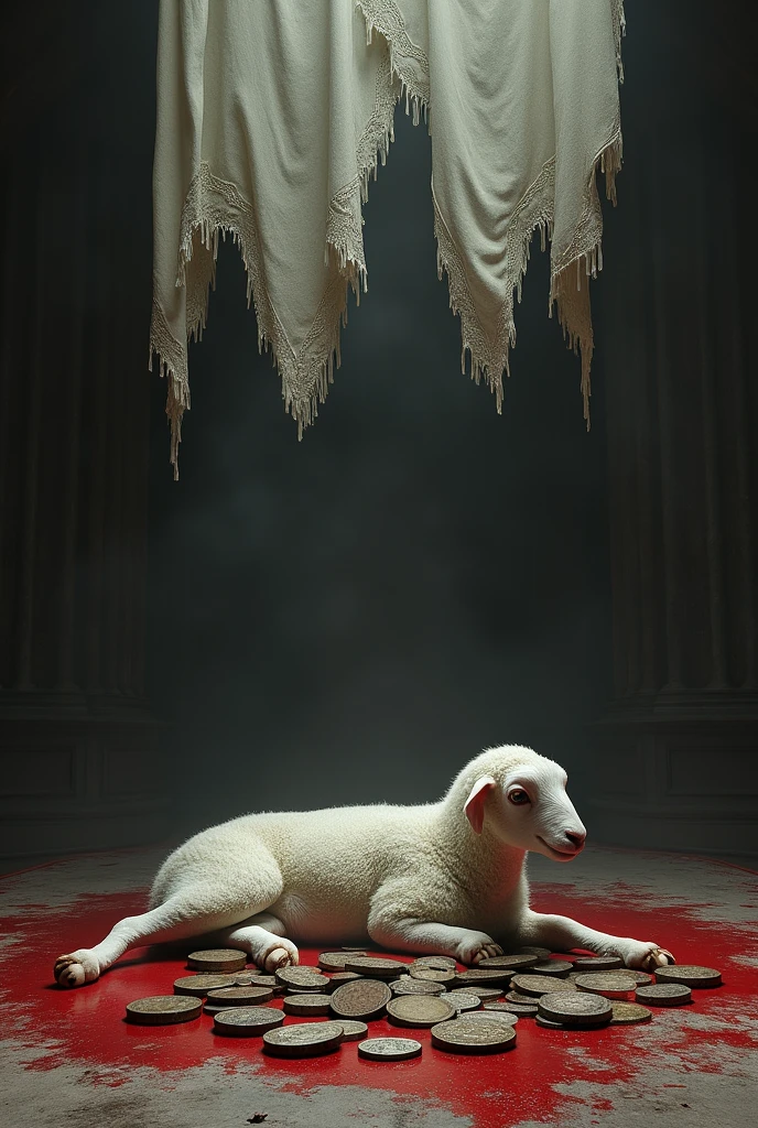 An altar stained with red paint with a lamb and coins on the floor and a torn veil from top to bottom