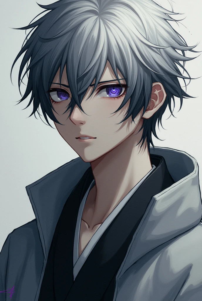 1boy, White hair with black strands ,long hair, lavender eyes, grey haori, calm, tired, tall, grey clothes, face shot, face, sharp eyes, black eyes, missing left eye, left eye covered, missing left eye, demon slayer uniform,