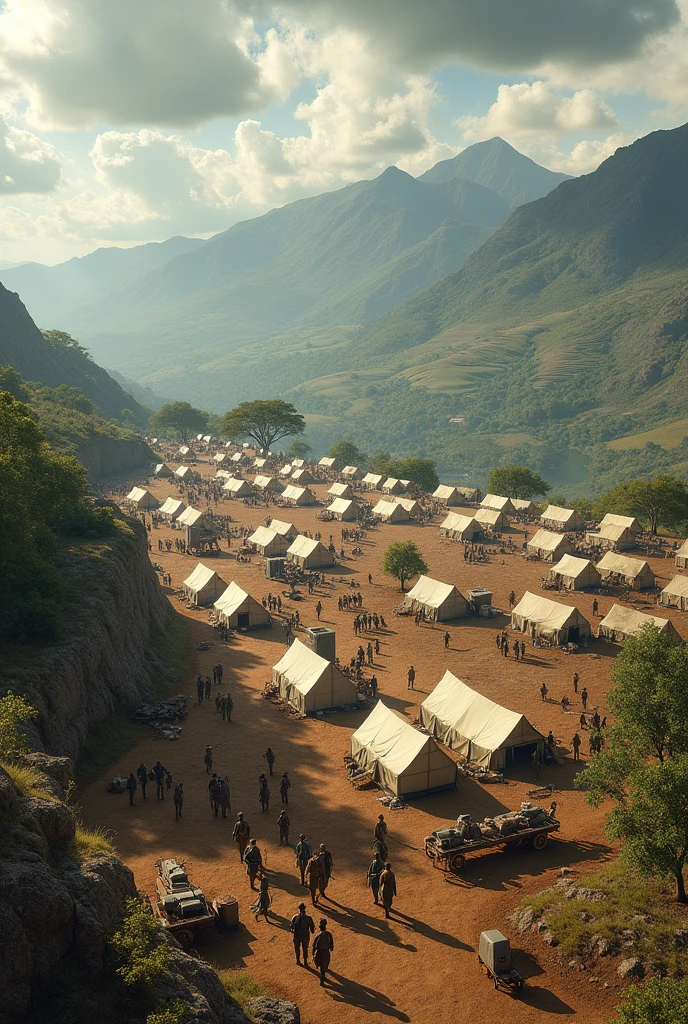 best qualityer, super high resolution, camp above a valley of a 1920 Ethiopian army of over a thousand men