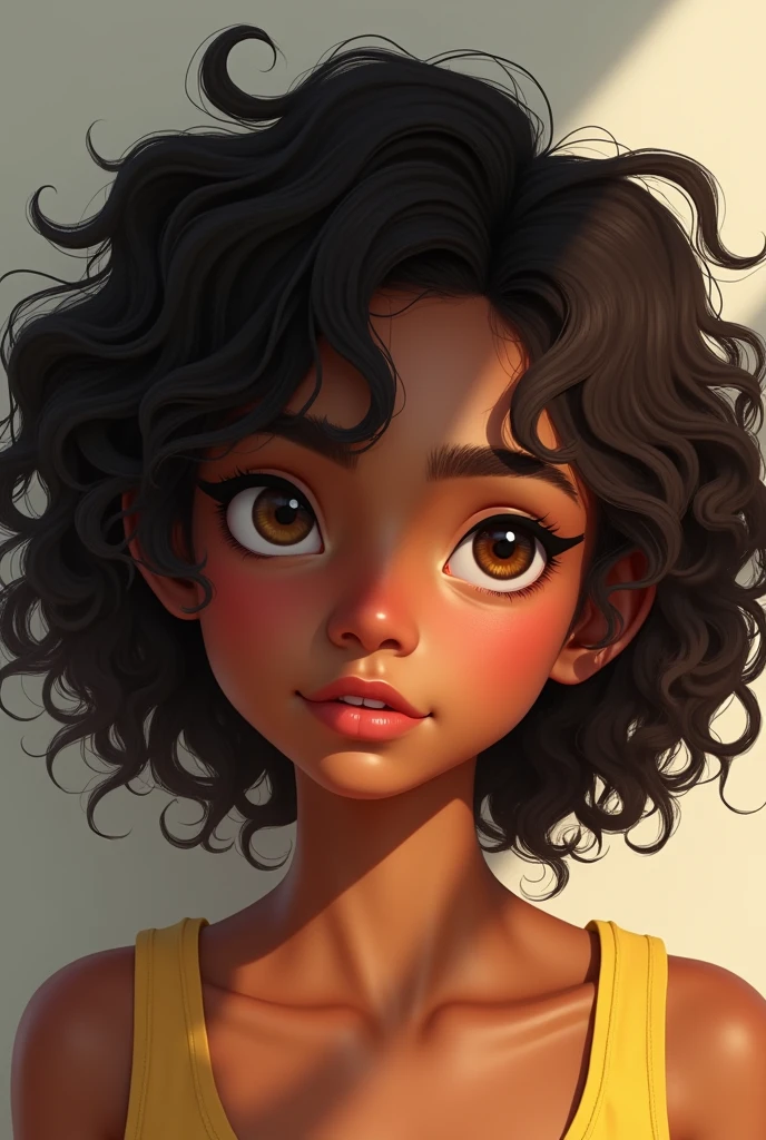 r with very curly hair to the shoulder, light brown eyes, brown skin color