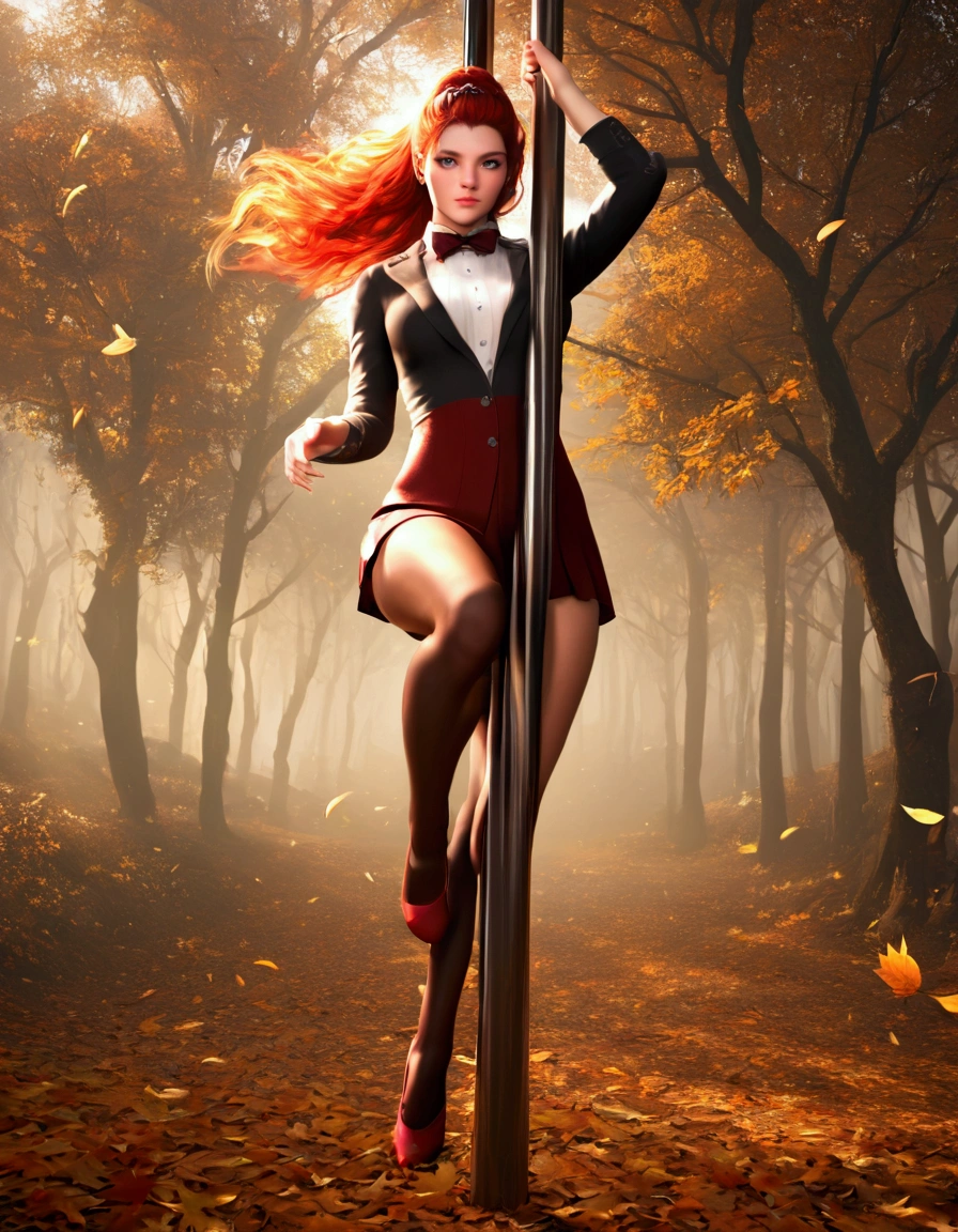 Stylized, photorealistic vertical layout image featuring a woman performing an impressive acrobatic pose, reminiscent of the graphical capabilities of . The subject, with fair skin and red hair, balances on one hand atop a vertical pole, with legs bent and one foot holding a bow, with detailed, realistic textures and subtle facial expressions. The background is an immersive urban setting with autumnal trees, their leaves vibrant orange, and a tall building partially visible, with precise lighting and shadows. The image has a warm orange tone, enhancing the autumn atmosphere. At the bottom of the image there is a black bar with white text on the left side saying 'artvision' and a logo on the right side with the text '1999' in cursive font.