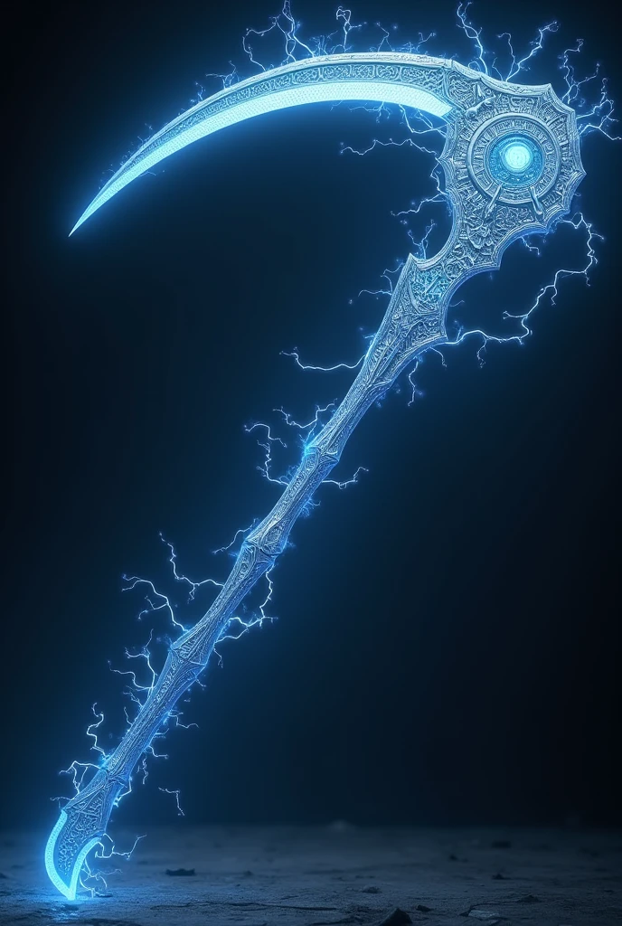 create this object, A double scythe that generates electrical storms when spun, the metallic material appears to stretch and mold into a new shape, maintaining the electric blue glow in details and edges, with engraved symbols that glow with electricity, with minimalist and beautiful features