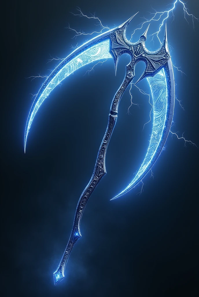 create this object, A double scythe that generates electrical storms when spun, the metallic material appears to stretch and mold into a new shape, maintaining the electric blue glow in details and edges, with engraved symbols that glow with electricity, with minimalist and beautiful features
