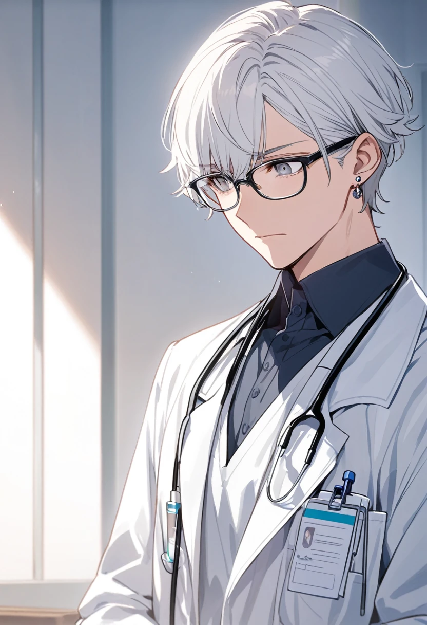 brother, alone, Glasses, Grey Eyes, White Hair, short hair, Earrings, White, Doctor&#39;s uniform, Doctor&#39;s uniform, Smiling face,