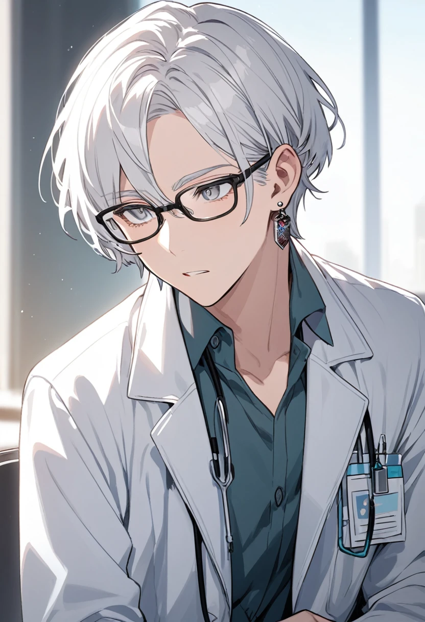 brother, alone, Glasses, Grey Eyes, White Hair, short hair, Earrings, White, Doctor&#39;s uniform, Doctor&#39;s uniform, Smiling face,