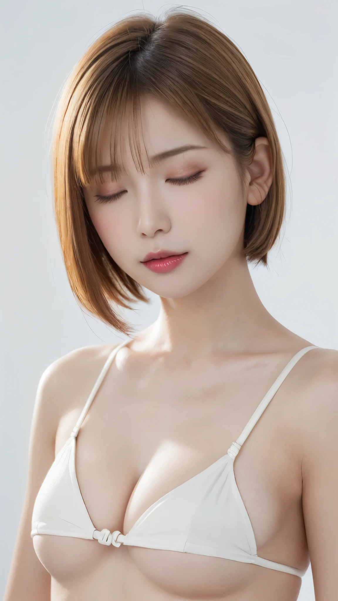 ((Close-up of face facing forward:1.6)、((Close your eyes and look up a little:1.6))、((Naked Women:1.5))、((No underwear:1.5))、((small and flat chest:1.7))、((Short Bob Cut:1.4))、((Apply beautiful makeup:1.5))、(((amount、Small breasts、Round face、White blonde Hair、beautiful girl、blonde、White Background、cute、young、True Face、Shiny Hair、whole body)))、Tabletop, Highest quality, shape, Very detailed, finely, High resolution, 8k wallpaper, Perfect dynamic composition, finelyて美しい目, Deco Out,blonde, Medium Hair, Small breasts, Natural color lip,White Background, 