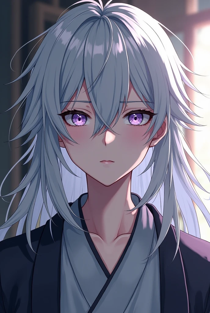 1boy, White hair with black strands ,long hair, lavender eyes, grey haori, calm, tired, tall, grey clothes, face shot, face, sharp eyes, Lavender eyes, demon slayer uniform, long hair,
