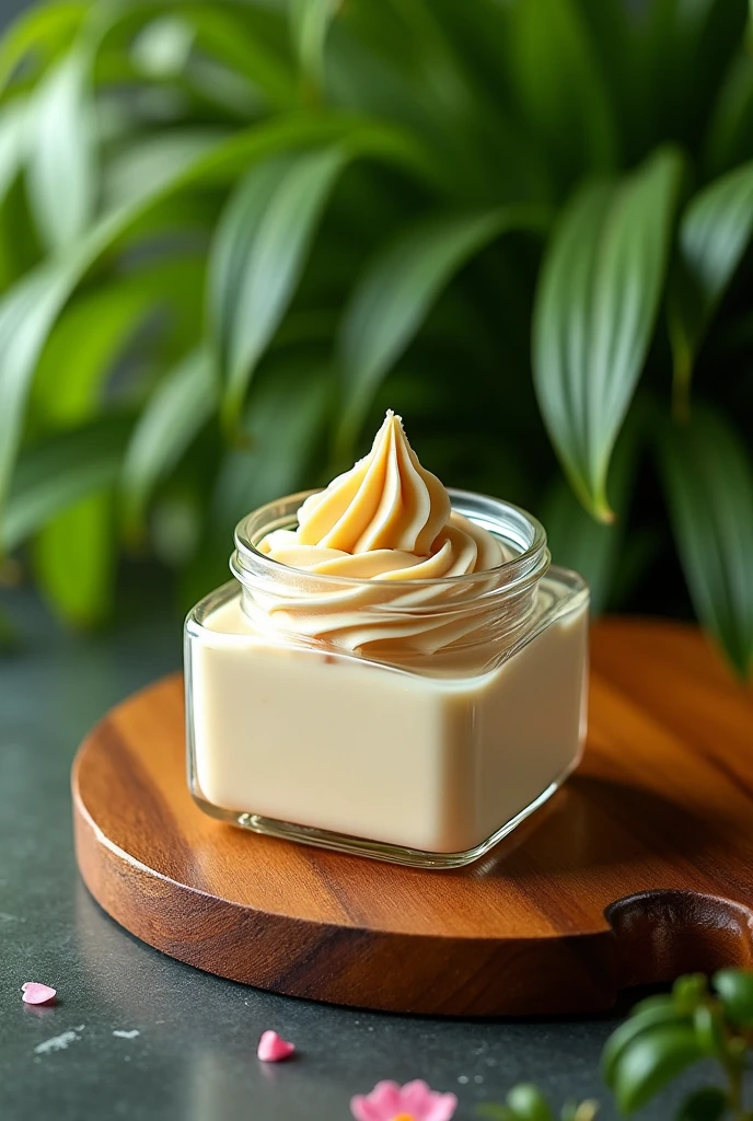 A mousse dessert inside a plastic jar in those 220 ml square cake jars with the lid closed and with a green plant background, The mousse pot will be on top of a wooden board
