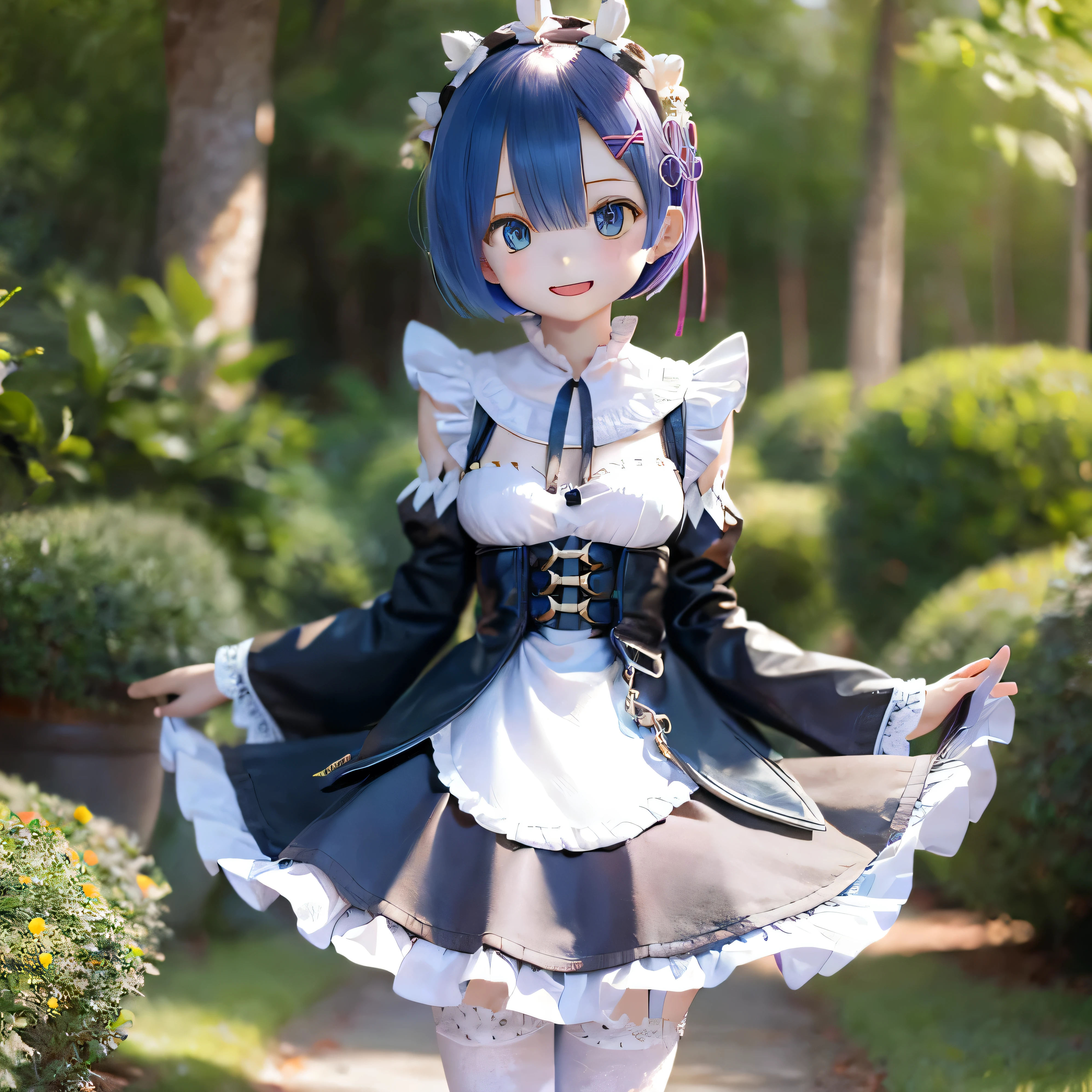 (bright, Vibrant colors, High resolution), (anime:1.2), Rem of Re:zero, short hair, bright笑顔, Maid clothes, Ruffled Dress, Knee-high socks, Detailed eyes and face, Intricate lace detail on outfit, Soft lighting, Beautiful garden background, Peaceful atmosphere
