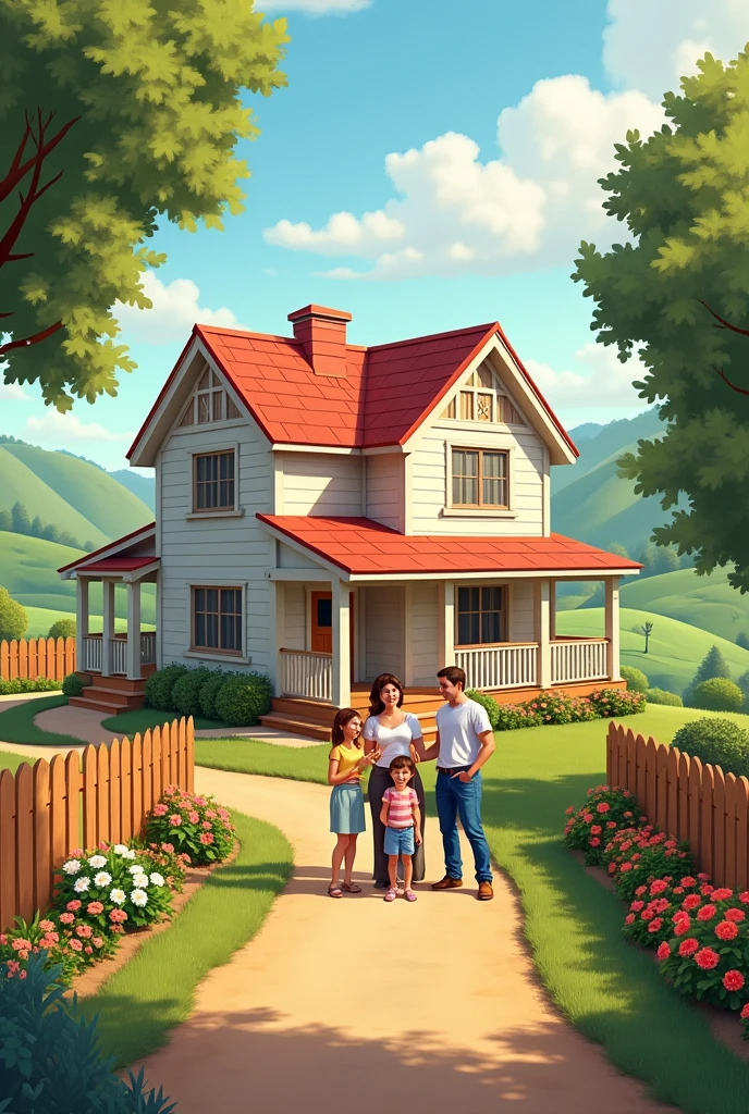 A family outside a renovated house in the countryside