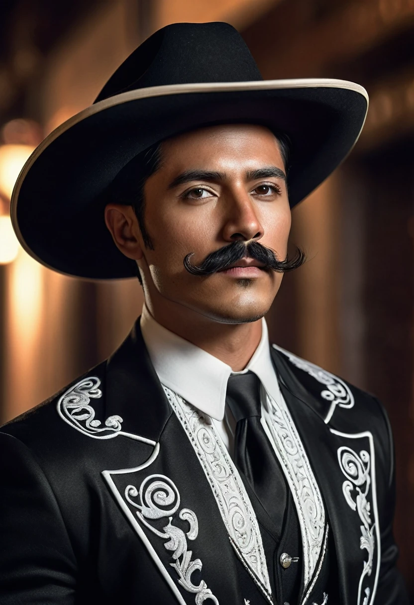 1 man, tan skin, black hair, tapered slick back hairstyle, black mariachi outfit with white color accents, curly handlebar mustache, black cowboy hat, extremely detailed face and eyes, highly detailed, portrait, photo-realistic, hyperrealistic, dramatic lighting, cinematic, epic, masterpiece