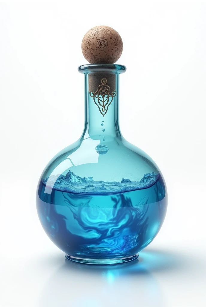 RPG illustration glass potion bottle with blue liquid inside white background