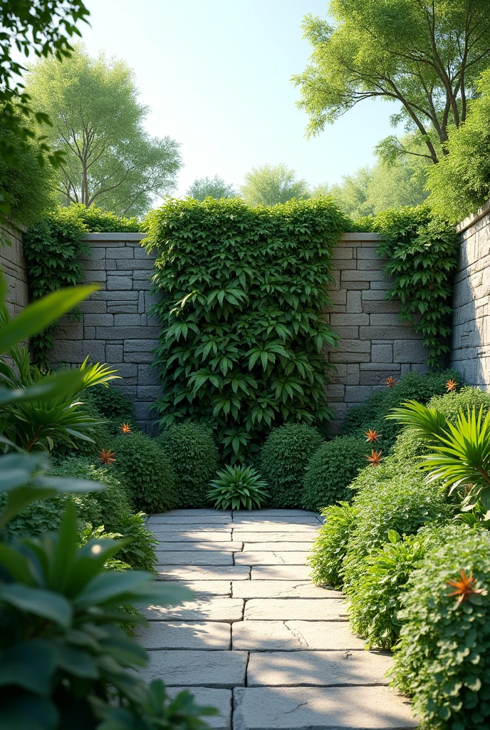 Natural garden landscape with plants around with loose stone floor and with stone wall and luxurious vertical garden behind and free space in the center of the image with clear sky