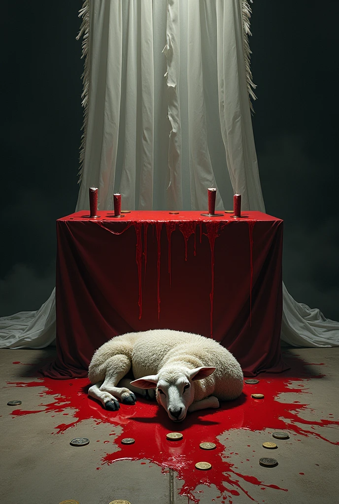 An altar stained with red paint with a lamb and coins on the floor and a torn veil behind the altar