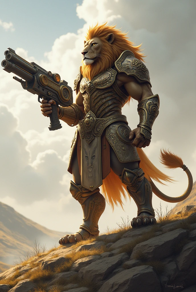 Create images featuring a lion character dressed in elaborate armor, equipped with a high-tech weapon, against the backdrop of a hill. The character should have detailed feather patterns and ornate armor design that suggests high rank or status.
