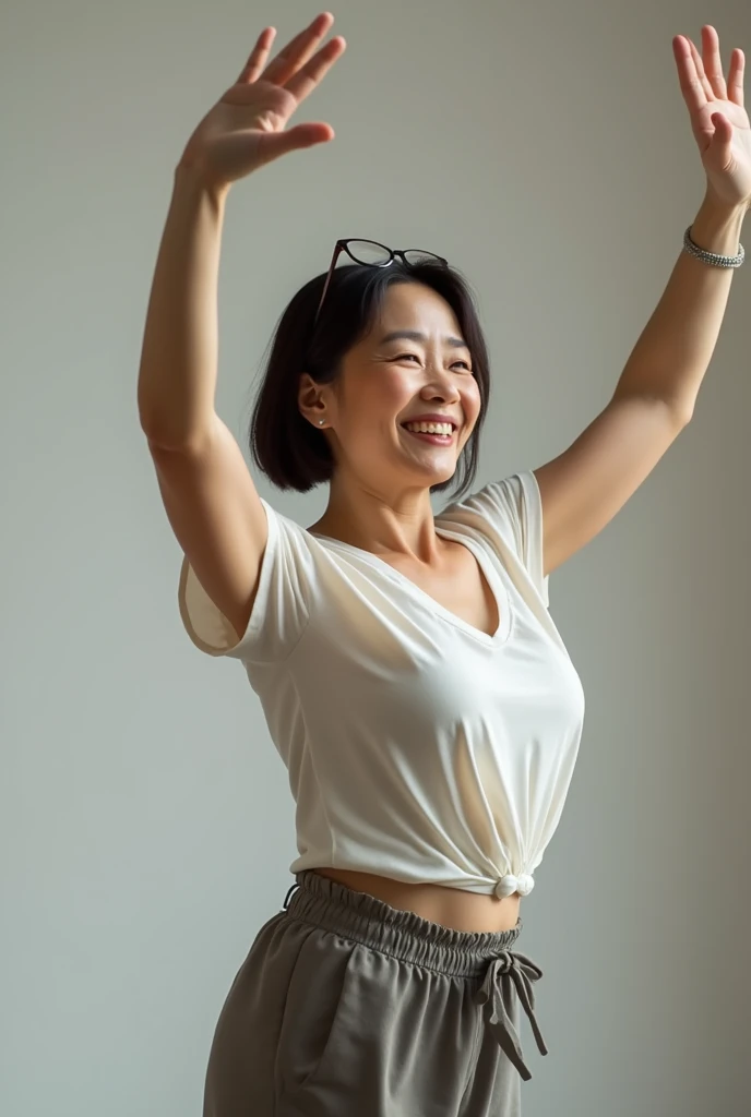 A middle -aged Asian woman, her body, dancing, opening her chest, looking straight, smiling, shoulder hair, glasses on her head, (the best quality, 4k, 8k,), super detailed, (reality Te, optical, photos, photos), sharp focus, vivid, professional colors