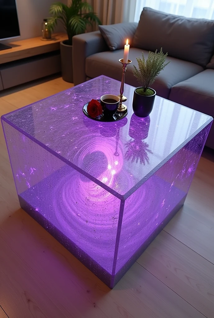 Small square coffee table handcrafted, featuring a reflective glass top that creates a visual effect of a stunning tunnel-like interior, lit from the inside by warm purple LED lighting.. The sides are covered with wallpaper that simulates the look of 3D textured wallpaper.. The table is decorated with simple decorations such as small plants, a golden candlestick and accessories containing a red rose and a coffee cup.. The table is placed on a light-colored wooden floor.. The table design combines simplicity and elegance with a touch of modernity, making it a distinctive piece of art in any room or living room.