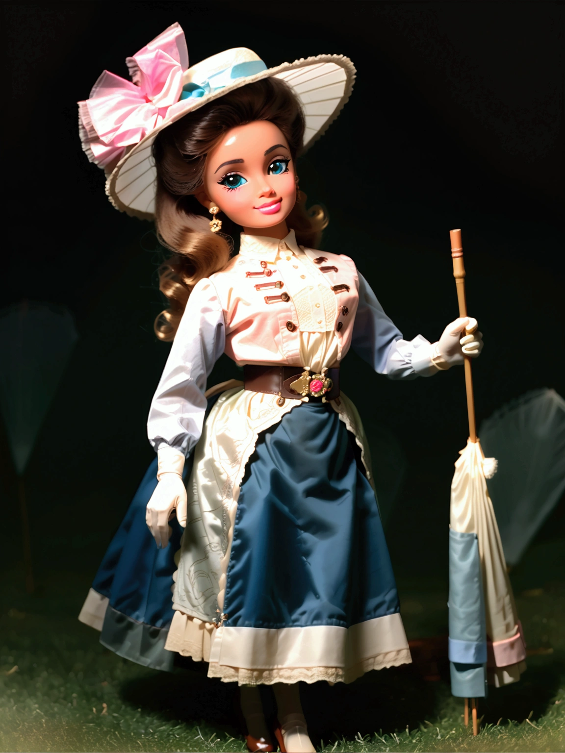 (masterpiece), (realistic), (((NSFW))). (ultra hd 8k), (realistic body proportions) Barbie as a pretty **** girl wearing her Victorian school uniform. Year 1895. 1890_dress. High-collar long sleeve white shirtwaist cuffed into a sash, cameo brooch, light blue shirt cloak over her shoulders, elegant straw boater hat, pink gloves, knee-high light blue skirt, petticoats, silk stockings with garters, ankle boots. Long curly brunette hair. Short skirt. Wasp waist.Light brown skin. Delicately holding a medium-sized parasol. (((Laying on grass, legs open. Full body)))