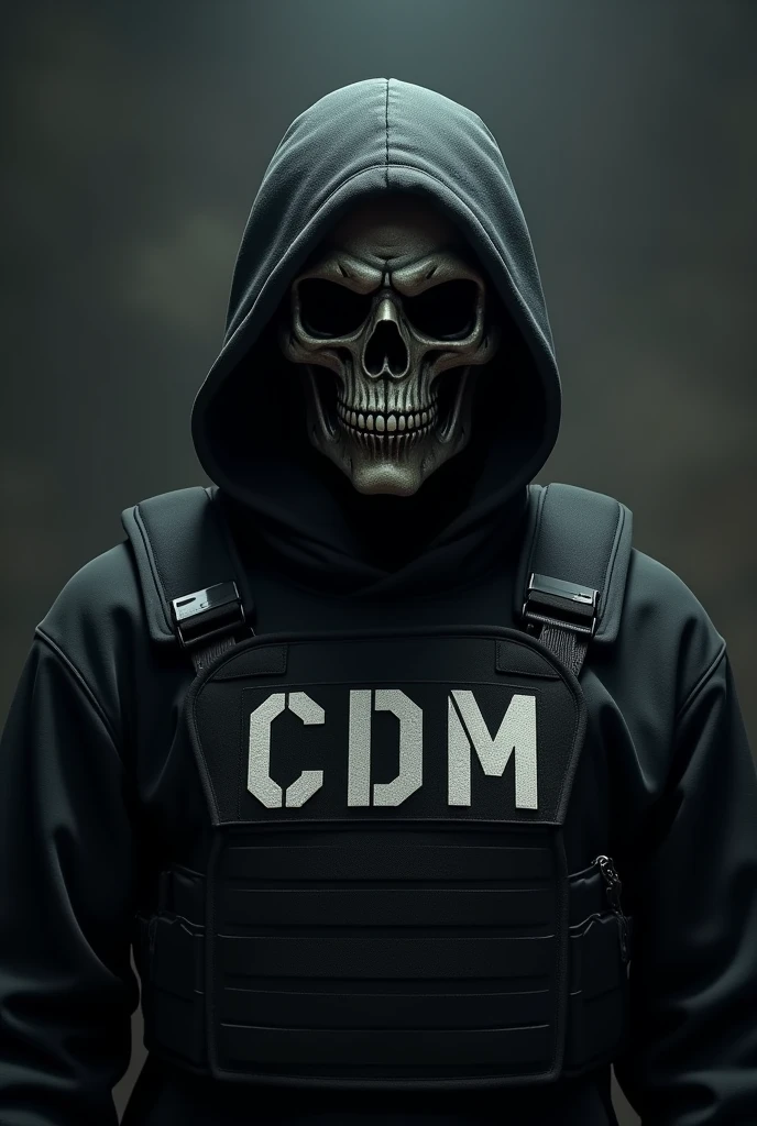 man with skull mask with black cap with bulletproof vest with CDM written on it
