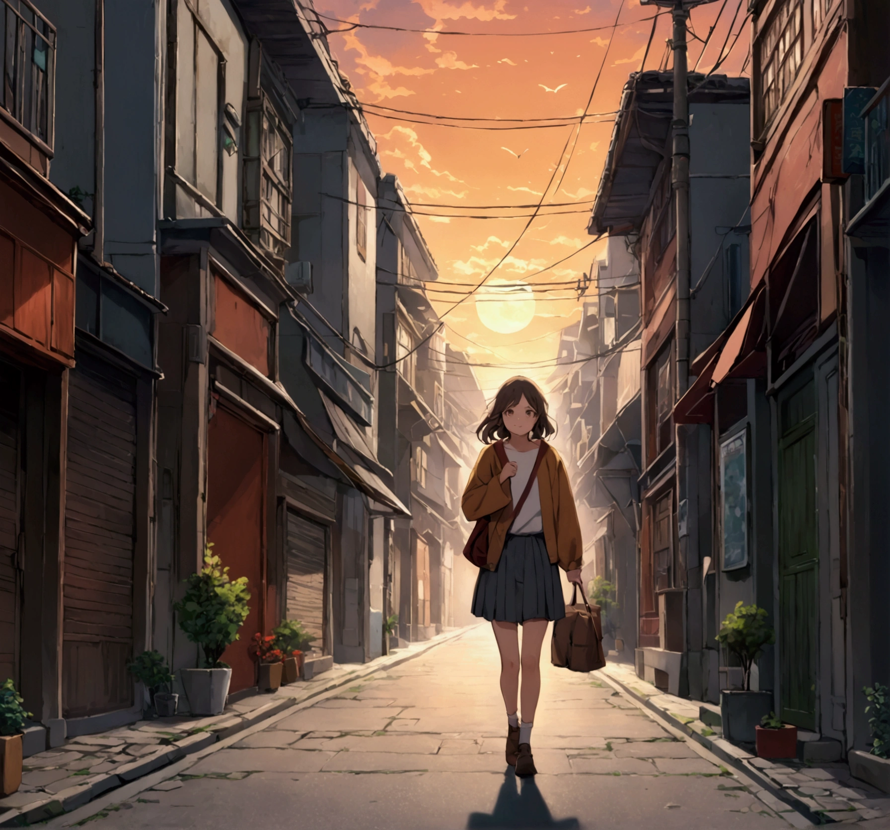 A girl walking in the street with big ash