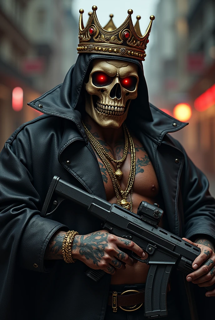 Skull and gun together with crown cholo thug criminal drug dealer evil murderer