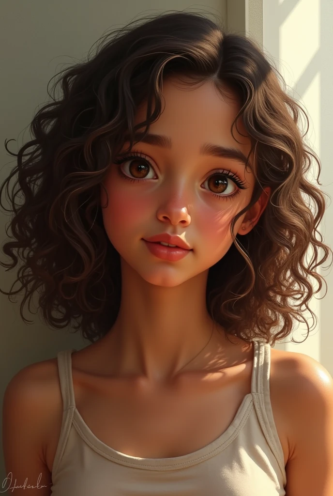 ager very curly hair to the shoulder light brown eyes brown skin color and not thin