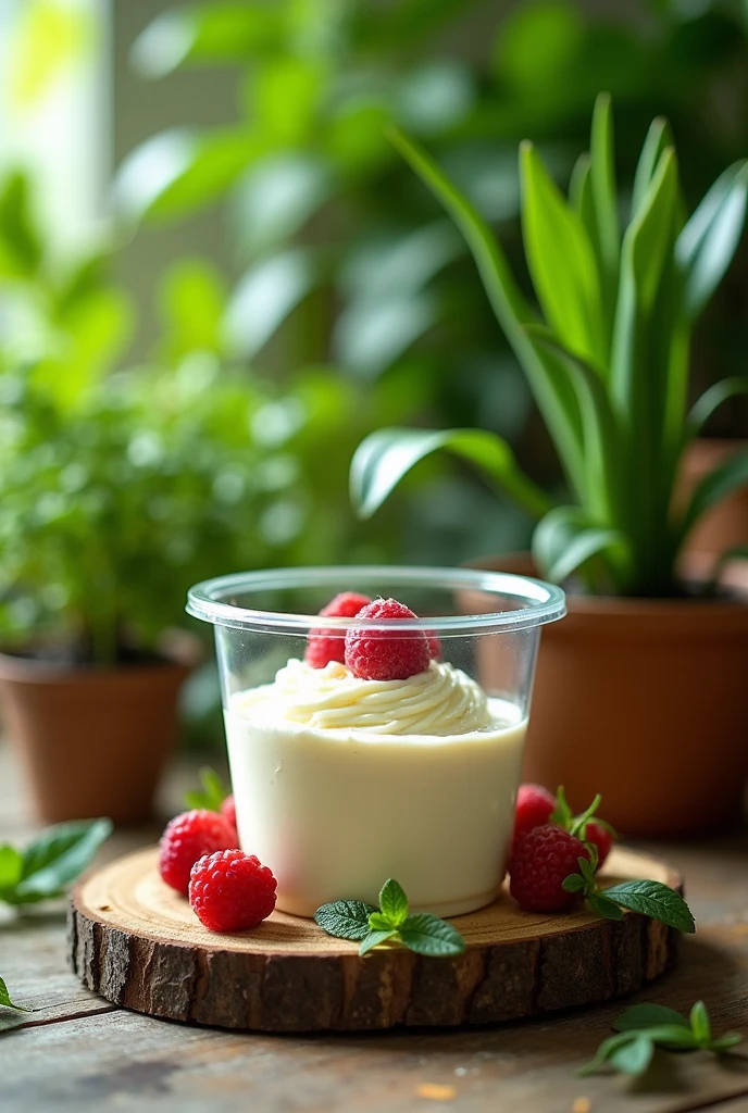 A mousse dessert inside a plastic jar with a green plant background, The mousse pot will be on top of a wooden board 