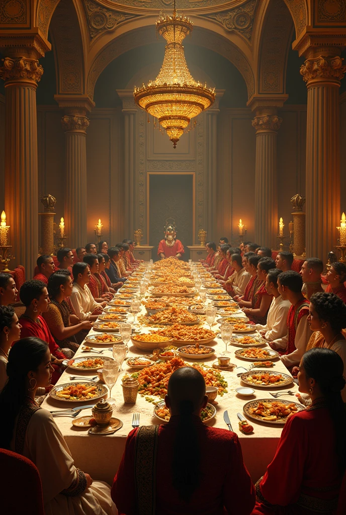 best qualityer, super high resolution, Banquet with lots of food and drink on a large table in an Ethiopian palace in the year 1920