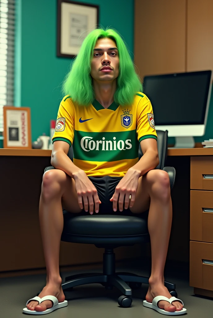 Um homem brasileiro, with straight green hair, Corinthians shirt, with black shorts and white flip-flops sitting in a secretary chair