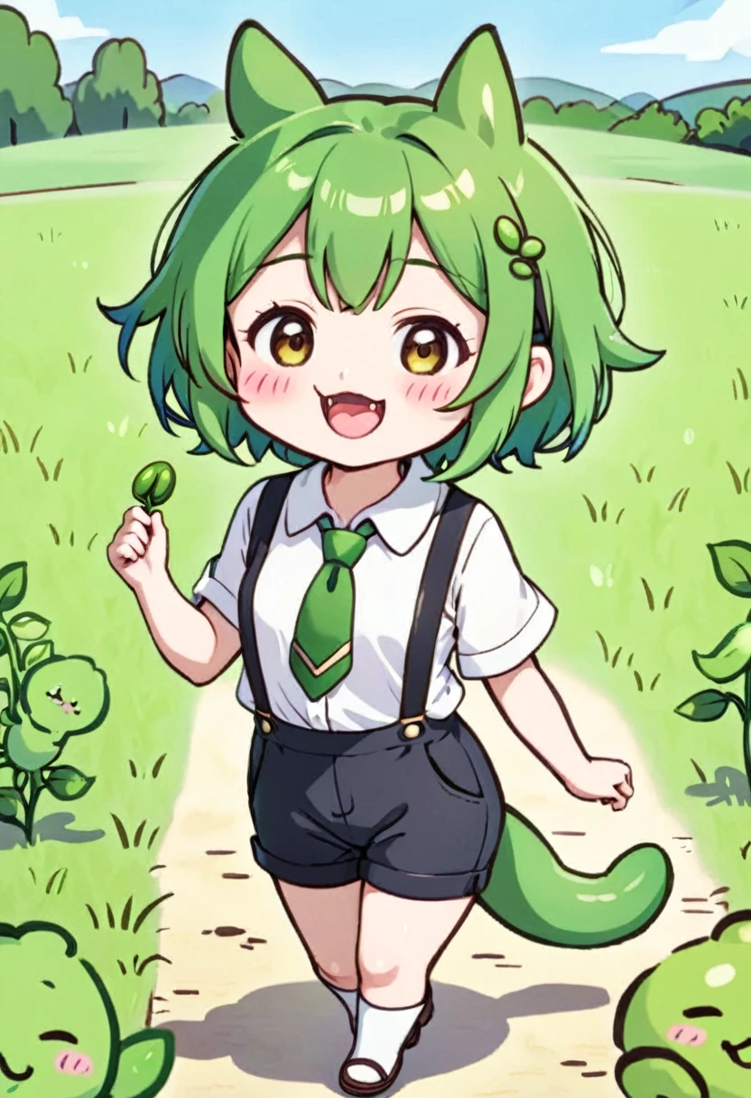 (((tkw))), (zndmn), solo, Full body shot, chibi, green hair, short hair, green clothing, smile, outdoors, field, tail, open mouth, long fang, White short-sleeved blouse, green suspenders attached to half pants, Green ribbon tie adorned with soybean, Edamame-shaped ear accessory