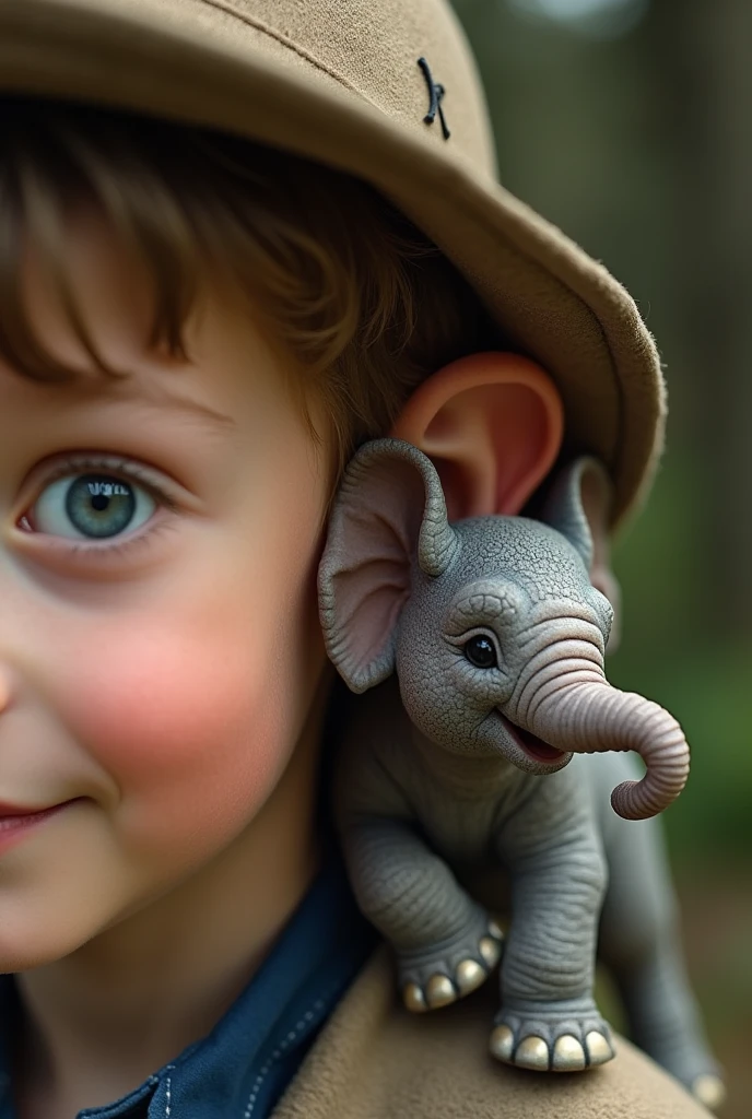 There is a small elephant climbing behind a young girl's ear .
The photo is closer . The elephant is smaller than the young man. It is a young boy.