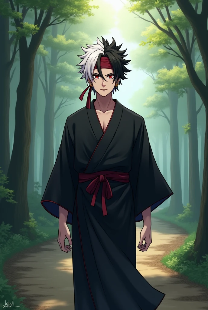 1male, multicolored hair, two-toned hair, black and white hair, headband, red eyes, earring, black yukata, tied to waist, standing on path, forest, serious