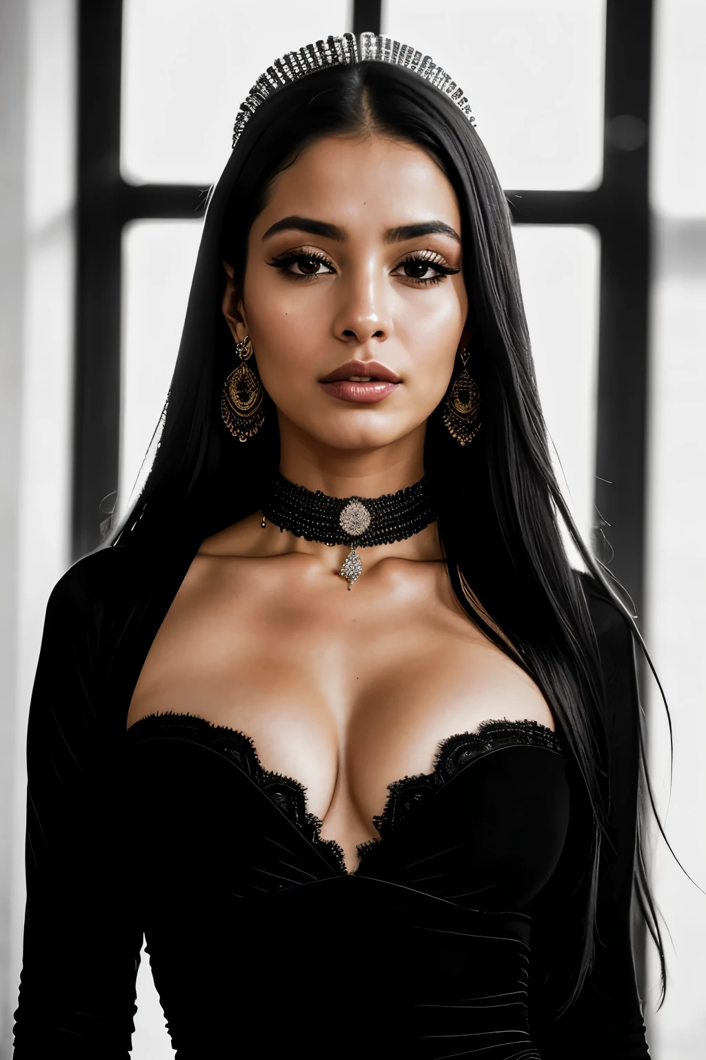 realistic portrait of an extremely beautiful (((Colombian woman))), wearing a tight black Nadia Long Sleeve Scoop Back Midi Dress, wearing a choker, detailed facial features, piercing eyes, wearing a headdress, elegant long eyelashes, beautiful lips, delicate nose, intricate jewelry, dramatic lighting, highly detailed, photorealistic, 8k, cinematic composition, dramatic pose, masterpiece