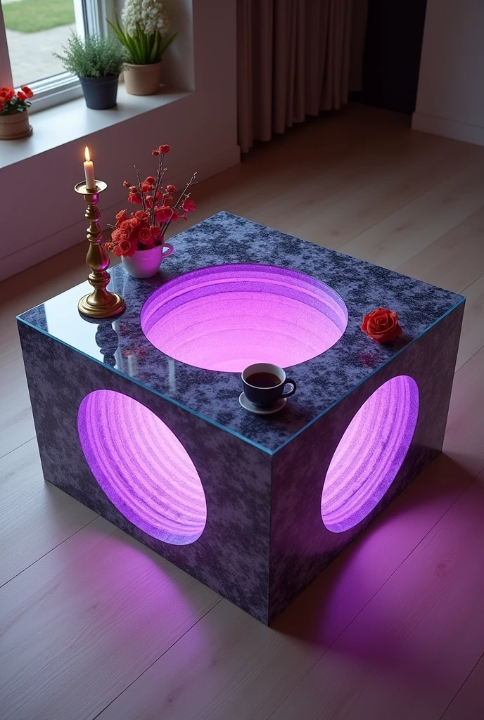 Small square coffee table handcrafted, featuring a reflective glass top that creates a visual effect of a stunning tunnel-like interior, lit from the inside by warm purple LED lighting.. The sides are covered with wallpaper that simulates the look of 3D textured wallpaper.. The table is decorated with simple decorations such as small plants, a golden candlestick and accessories containing a red rose and a coffee cup.. The table is placed on a light-colored wooden floor.. The table design combines simplicity and elegance with a touch of modernity, making it a distinctive piece of art in any room or living room.