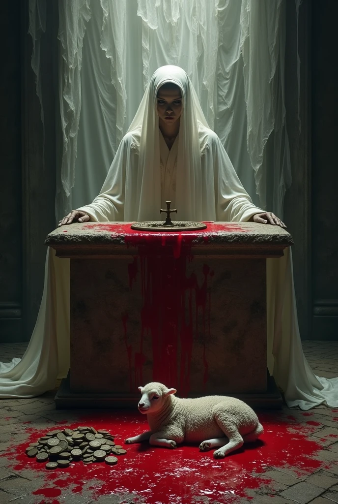 An altar stained with red paint with a lamb and coins on the floor and a torn veil behind the altar