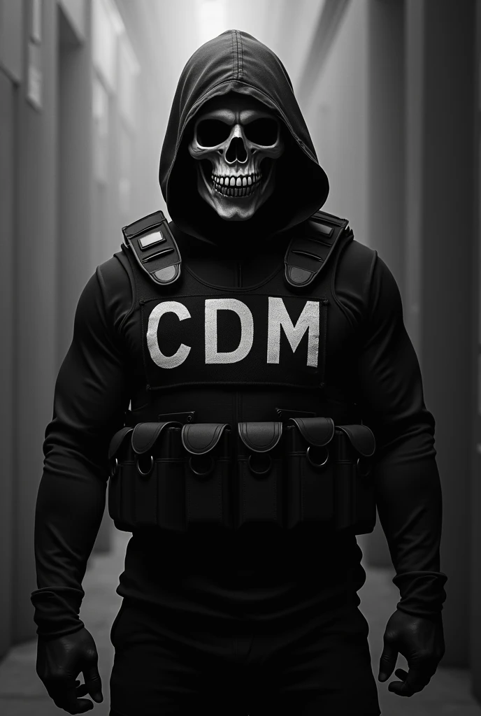 man with black skull mask with a bulletproof vest with CDM written on it