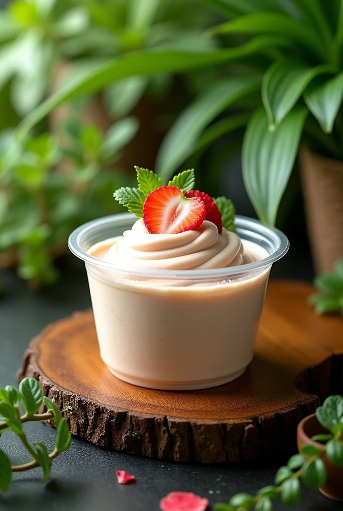 A mousse inside a plastic pot with a green plant background, The mousse pot will be on top of a wooden board