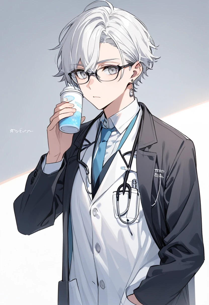 brother, alone, Glasses, Grey Eyes, White Hair, short hair, Earrings, Doctor&#39;s uniform, Doctor&#39;s uniform, Smiling face,