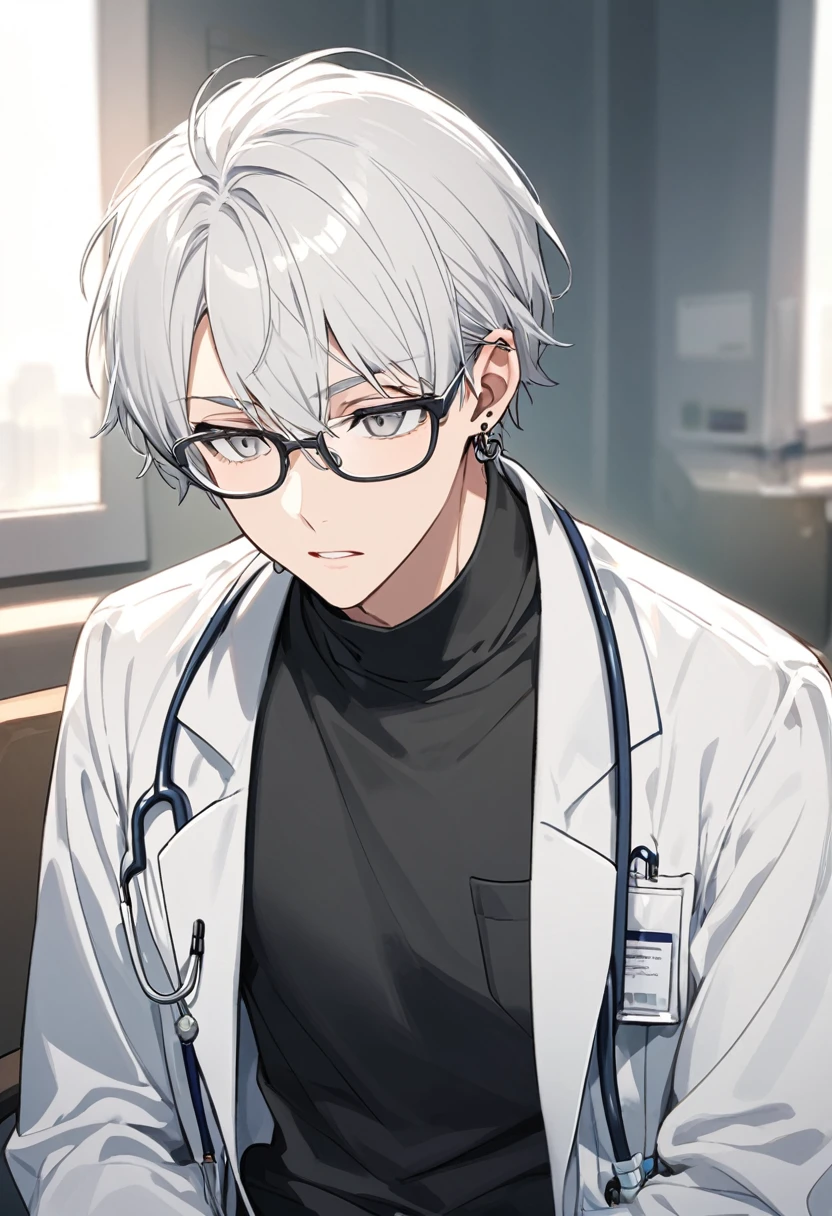 brother, alone, Glasses, Grey Eyes, White Hair, short hair, Earrings, Doctor&#39;s uniform, Doctor&#39;s uniform, Smiling face,