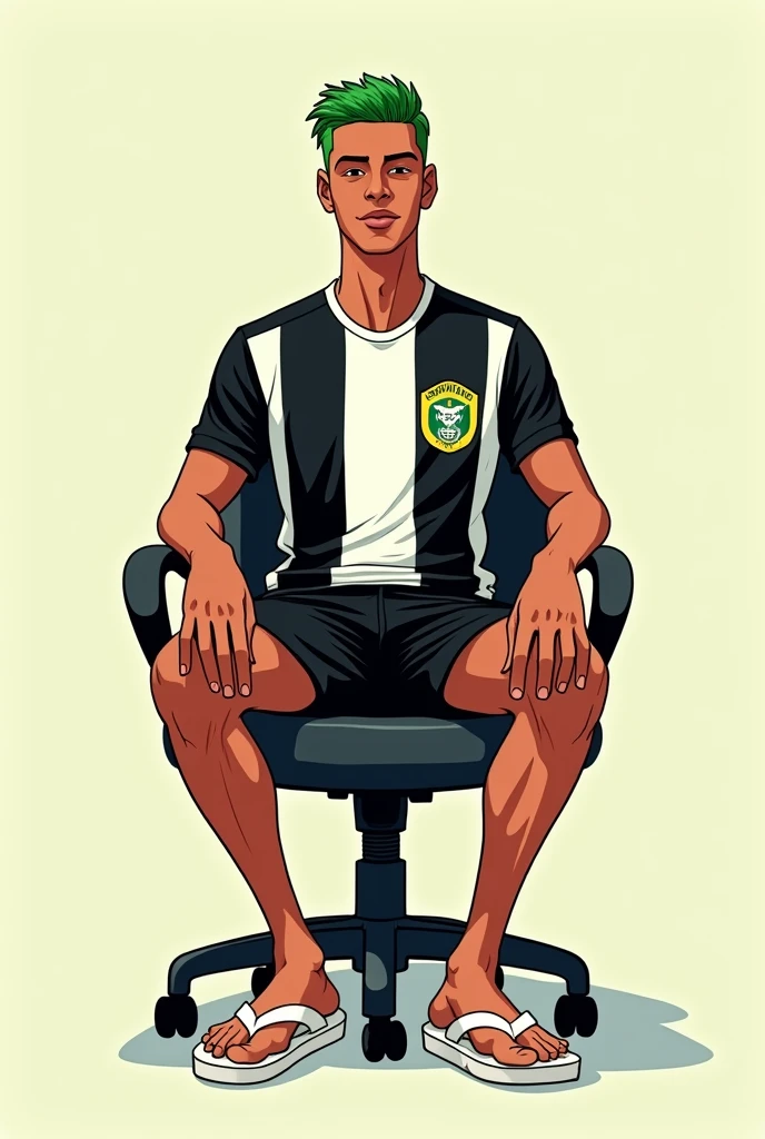 Um homem brasileiro, with straight green hair, Corinthians shirt, with black shorts and white flip-flops sitting in a secretary chair