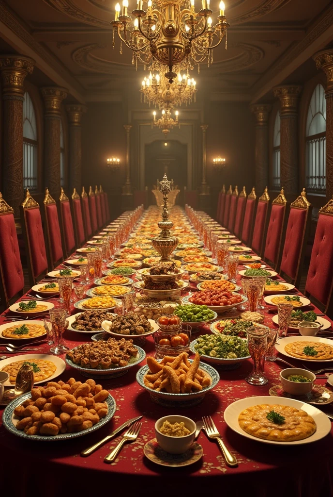 best qualityer, super high resolution, Banquet with lots of food and drinks on a large table in an Ethiopian palace in the year 1920 with no people around