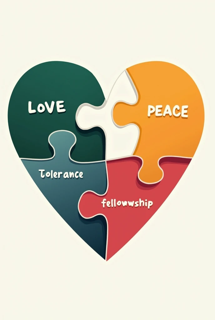 Make a picture of a heart in the shape of a puzzle in Spanish that contains the word love in red, tolerance in green, peace in white, solidarity in pink, fellowship in yellow