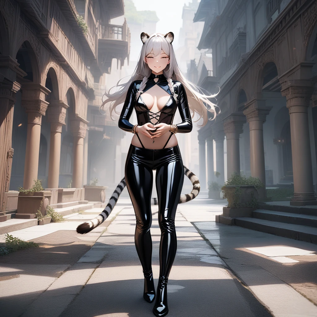 black boots, tny-atla, closed eyes,tail, bracelets, full body, solo, 1girl, outdoors, masterpiece, best quality, ((masterpiece)), (best quality), (ultra-detailed), photorealistic, (best illustration), ((an extremely delicate and beautiful)), 1girl, solo, long hair, tiger ears, [:tiger tail under:0.2], white hair, two-tone hair, full body art, latex legwear, latex suit lower part, (dominatrix suit:1), sadistic grin, cross-laced, standing, closed eyes, sadistic smile, revealing outfit, long sleeves, detailed scenery, in bedroom, latex armwear, low twin braids, twin braids, hair ornament, bracelet, (holding lash in hands:0.9), mature woman, yandere, looking at viewer, viewer POV, dominating on viewer,  glowing eyes. 