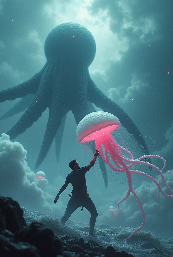 Man killing a jellyfish in a sea made of clouds, giant octopus, lofcraft, various electric jellyfish,