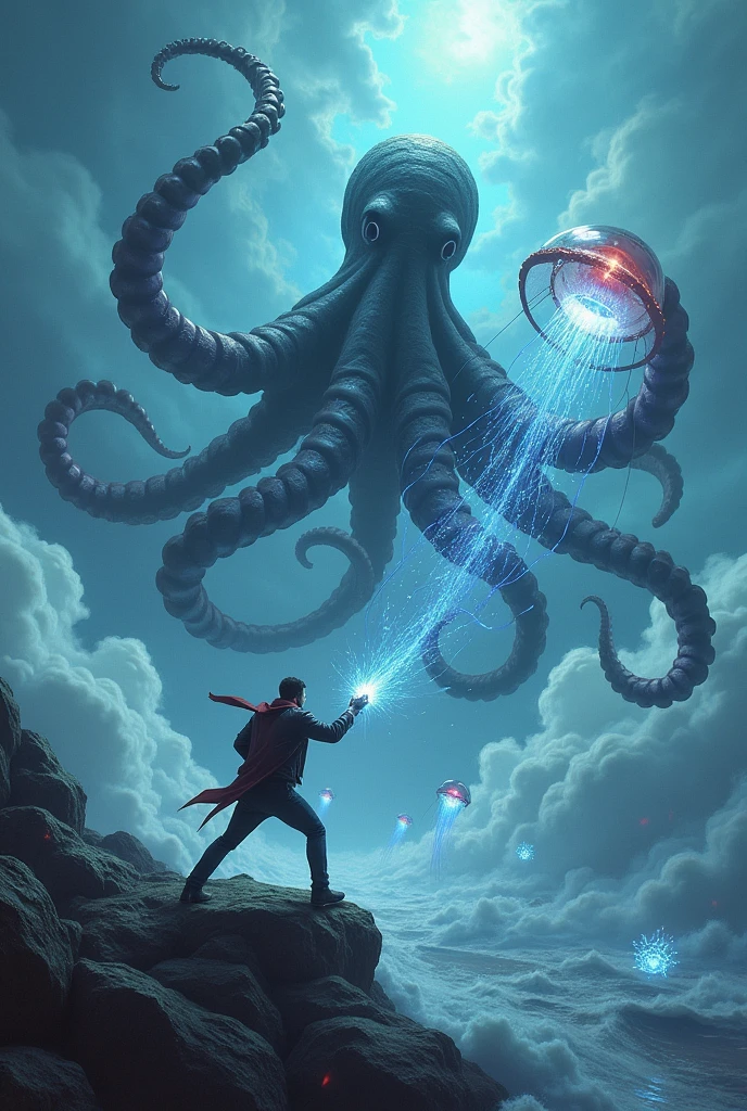 Man killing a jellyfish in a sea made of clouds, giant octopus, lofcraft, various electric jellyfish,