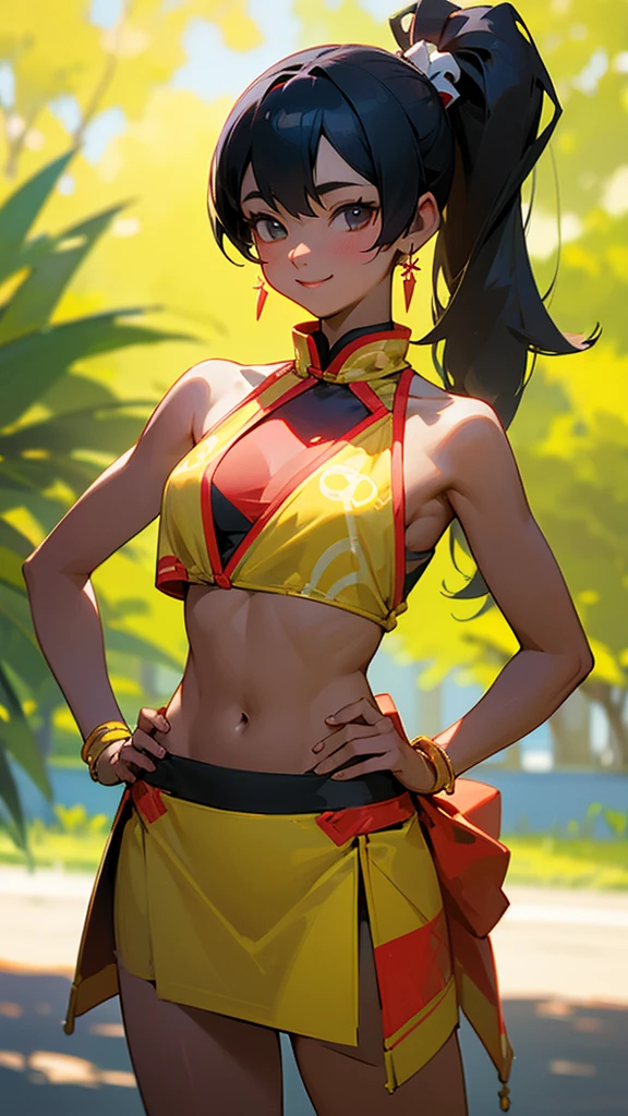 1 person、Sharp focus、(Bokeh) (Highest quality) (Detailed skin:1.3) (Intricate details) (anime)、Black Hair、Side Ponytail、18-year-old、(Keep your hands on your hips)、chest、Slim figure、bikini、A pareo skirt with bold ethnic patterns and plenty of primary colors、Realistic Skin、Glowing Skin, Sunburned skin、Cowboy Shot、Side body、smile、smile、Park in the background、Soft lighting