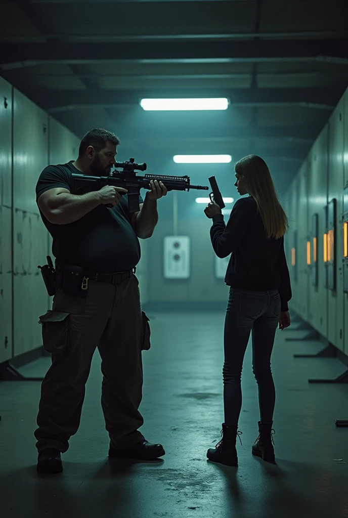 Dimly lit shooting range with 4 shooting positions and several targets far from each position. There are 2 people shooting, a big, strong man carrying a rifle and a thin woman with long hair in a black jacket and jeans carrying a pistol.
