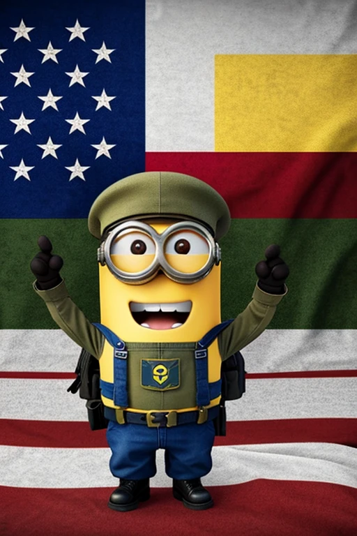 Military Theme Minion, in the background a flag of the United States 
