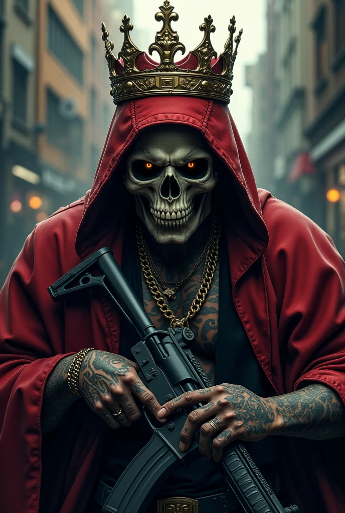 Skull and gun together with crown cholo thug criminal drug dealer evil murderer mercenary psychopath tattoo